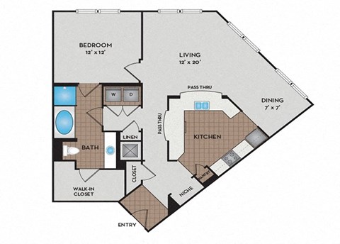 Floor plan for 1 bed, 1 bath, 973 sqft